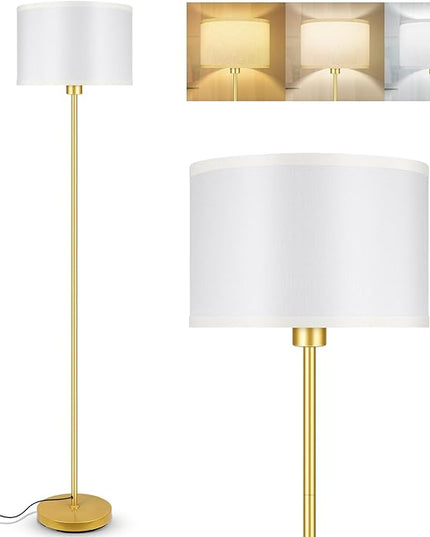 BoostArea Floor Lamp Standing Lamp Gold, 59" Tall Lamps for Living Room, Simple Pole Lamp with White Shade, On/Off Foot Pedal, Bright Dimming Lamp for Kids Room Bedroom Office Decor(9W Bulb Included) - LeafyLoom