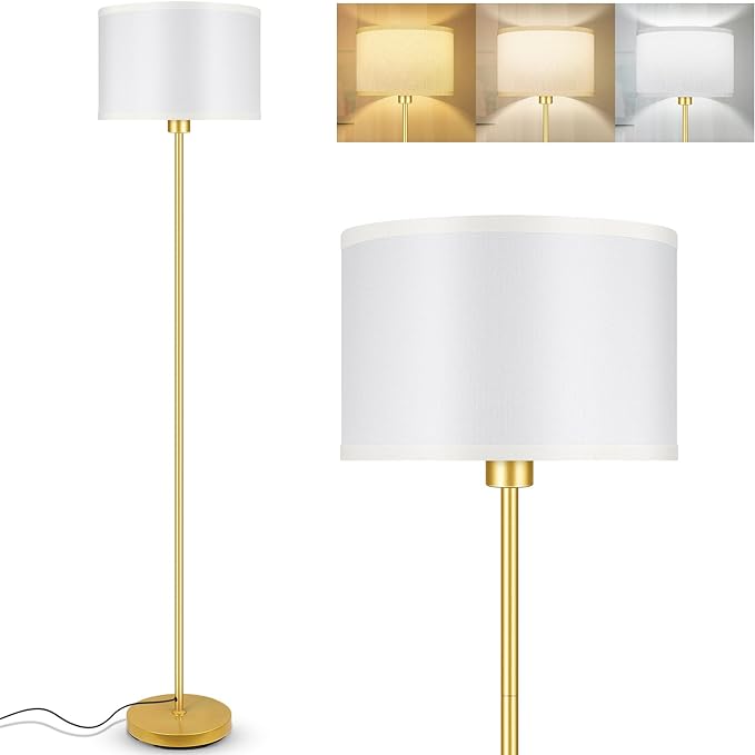 BoostArea Floor Lamp Standing Lamp Gold, 59" Tall Lamps for Living Room, Simple Pole Lamp with White Shade, On/Off Foot Pedal, Bright Dimming Lamp for Kids Room Bedroom Office Decor(9W Bulb Included) - LeafyLoom