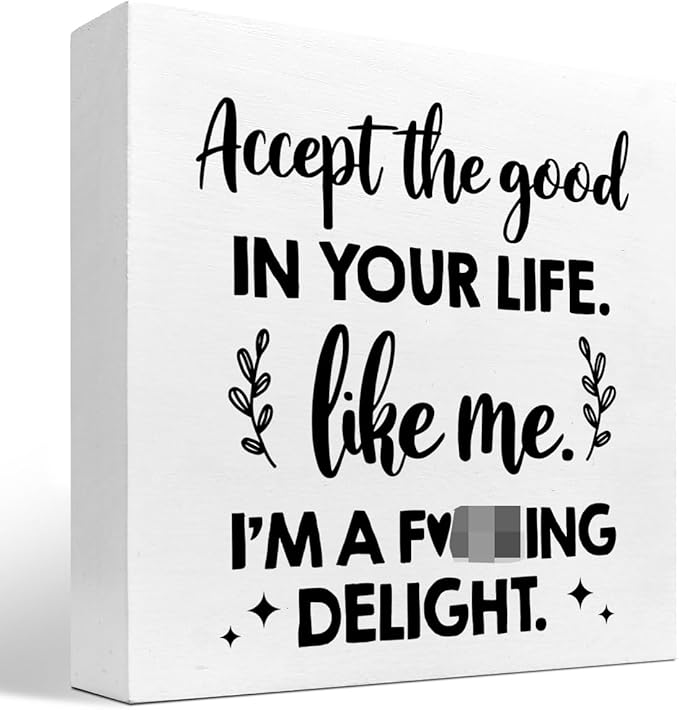 Accept the Good in Your Life Like Me I'm a Delight Wood Box Sign Desk Decor,Funny Positive Quote Wooden Block Plaque Sign for Home Office Shelf Table Decorations - LeafyLoom