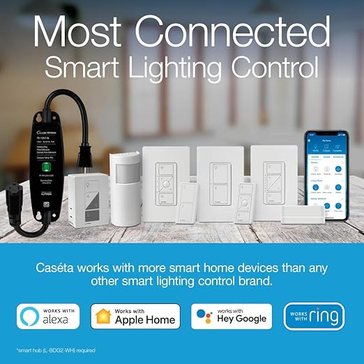 Lutron Caseta Smart Lamp Dimmer Switch (Lutron Smart Hub Required) for Floor and Table Lamps, for Dimmable LED Lights, up to 100 Watt, PD-3PCL-WH, White Lutron