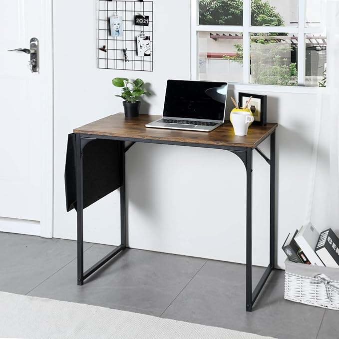 FurnitureR 31.5 inch Small Study Writing Table with Storage Bag Space Saving for Home Office, Modern PC Metal Frame Computer Desk, Black/Brown - LeafyLoom