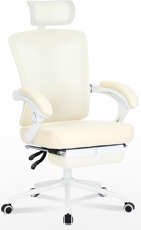 Vonesse Ergonomic Office Chair with Footrest Computer Mesh Office Chair with Footrest Big and Tall Office Chair High Back Comfy Home Office Chair for Heavy People Desk Chair Beige/Cream - LeafyLoom