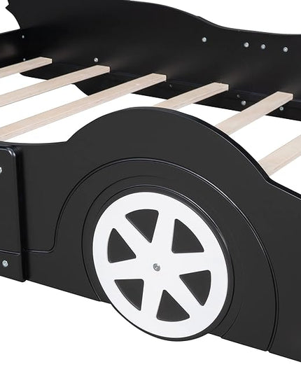 Car Shaped Toddler Bed with Wheels,Racecar Platform Beds W/Safety Guardrail,Slats Support,Stylish Design,Easy Assembly,Wood Full Bedframe for Boys Toddlers Kids Teens Bedroom,Black - LeafyLoom