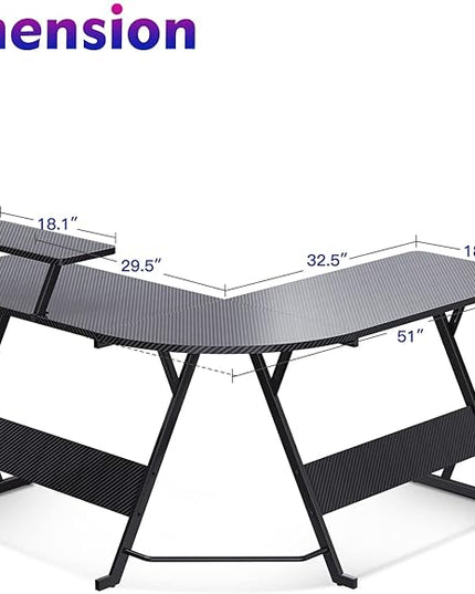 MOTPK L Shaped Gaming Desk with Carbon Fiber Surface, Corner Computer Desk L Shape with Monitor Shelf, Gamer Desk Gaming Table with Cup Holder & Headphone Hook, Black, 51 Inch - LeafyLoom