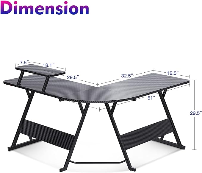 MOTPK L Shaped Gaming Desk with Carbon Fiber Surface, Corner Computer Desk L Shape with Monitor Shelf, Gamer Desk Gaming Table with Cup Holder & Headphone Hook, Black, 51 Inch - LeafyLoom