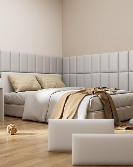 Peel and Stick Headboard Grey Upholstered Wall Panels, 4 Panels Sized 7.8" x 15.7", 3D Anti-Collision Soundproof Self-Adhesive Wall Panel for Bedroom，Living Room - LeafyLoom