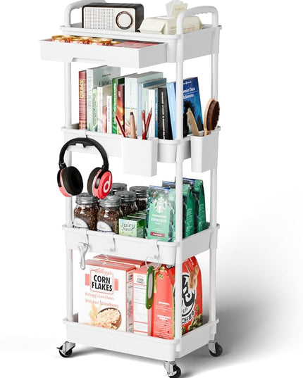 4 Tier Small Rolling Cart Organizer,Art Craft Diaper Bedside Snack Cart Laundry Room Bathroom Organizer Narrow Thin Slim Rolling Trolley Utility Cart with Wheels for Kitchen,Office(White) - LeafyLoom