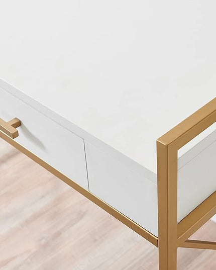 Leick Home Claudette Mixed Metal and Wood Flat Wall Computer Office Writing Desk with Drop Front Keyboard Drawer, White/Satin Gold, 32.13" W - LeafyLoom