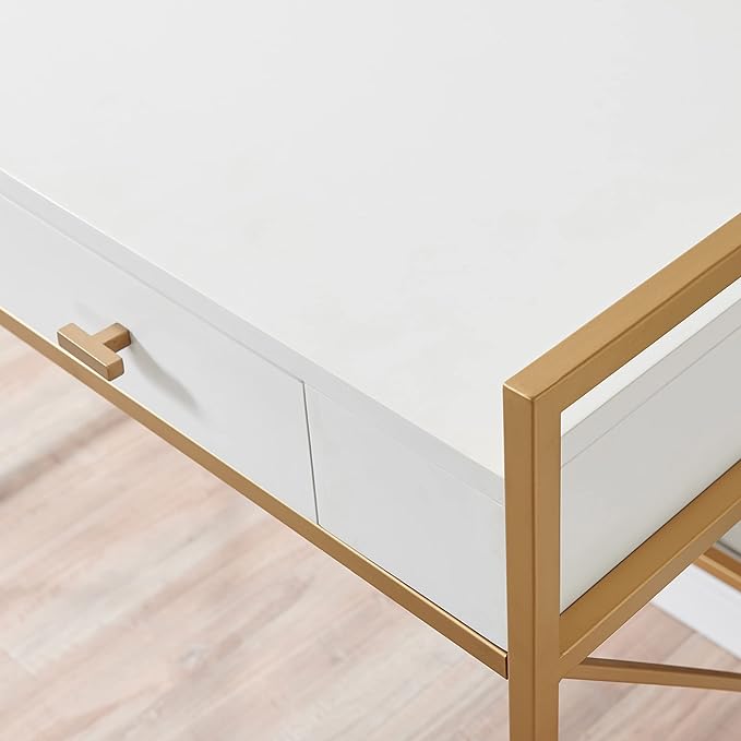 Leick Home Claudette Mixed Metal and Wood Flat Wall Computer Office Writing Desk with Drop Front Keyboard Drawer, White/Satin Gold, 32.13" W - LeafyLoom