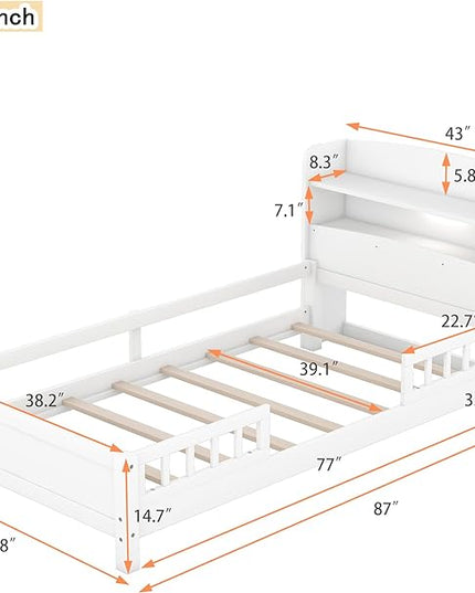 Twin Size Platform Bed with Built-in LED Light,Multi-functional Wood Beds Frame,w/ 2 Storage Shelves Headboard and Guardrail,for Apartment,Bedroom,Living Room,White - LeafyLoom