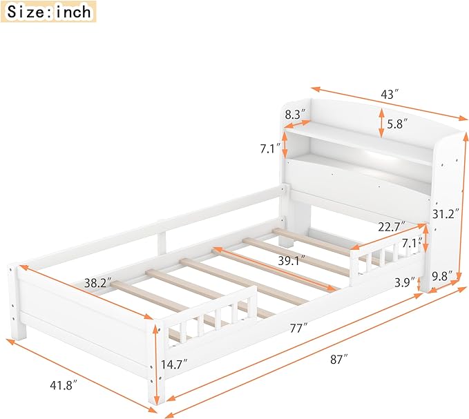 Twin Size Platform Bed with Built-in LED Light,Multi-functional Wood Beds Frame,w/ 2 Storage Shelves Headboard and Guardrail,for Apartment,Bedroom,Living Room,White - LeafyLoom