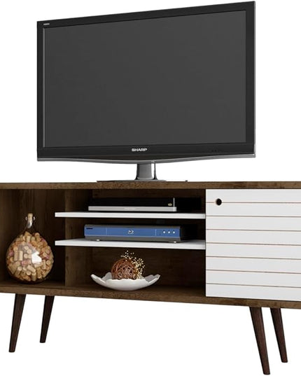 Manhattan Comfort Liberty Mid Century Modern TV Stand for Televisions up to 50 Inches, Bedroom and Living Room Entertainment Center with Storage, Shelves, and Cabinet, 53" Wide, Rustic Brown/White - LeafyLoom