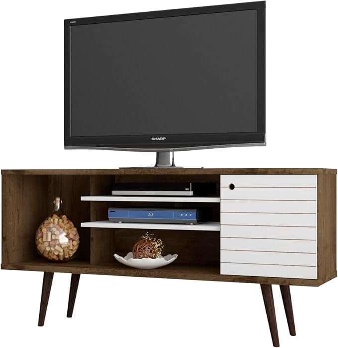 Manhattan Comfort Liberty Mid Century Modern TV Stand for Televisions up to 50 Inches, Bedroom and Living Room Entertainment Center with Storage, Shelves, and Cabinet, 53" Wide, Rustic Brown/White - LeafyLoom