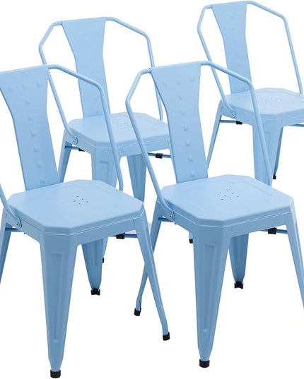Modern Dining Chair Set of 4, Stackable Metal Chairs, Waterproof Counter Bar Chairs with High Backrest, Quick Assembly Cafe Chairs, Tolix Style for Home, Kitchen and Bar Use, Blue - LeafyLoom