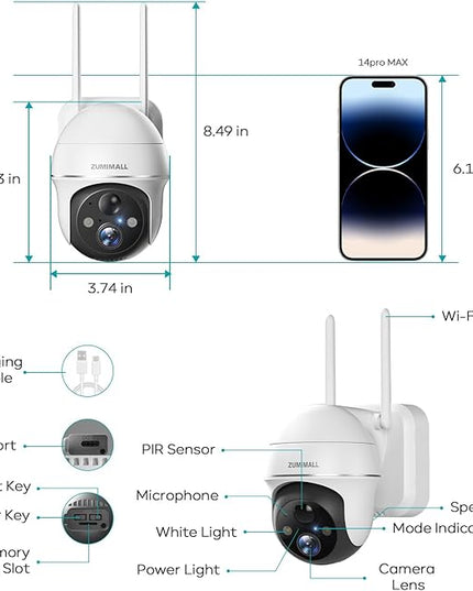 2K Security Camera Outdoor Wireless WiFi with 360° PTZ, ZUMIMALL Battery Powered Wireless Cameras for Home Surveillance, Spotlight & Siren/PIR Detection/3MP Color Night Vision/2-Way Talk/IP66/Cloud/SD ZUMIMALL