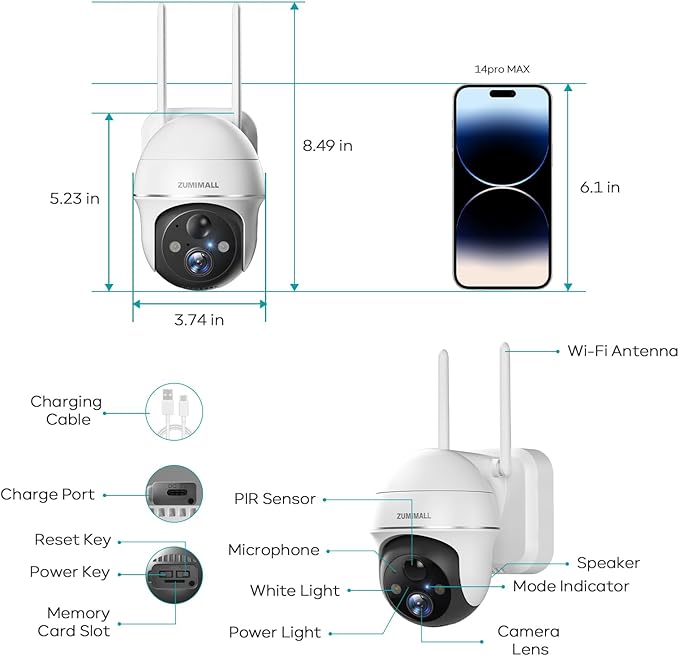 2K Security Camera Outdoor Wireless WiFi with 360° PTZ, ZUMIMALL Battery Powered Wireless Cameras for Home Surveillance, Spotlight & Siren/PIR Detection/3MP Color Night Vision/2-Way Talk/IP66/Cloud/SD ZUMIMALL