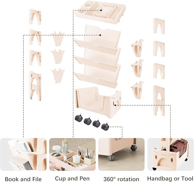 5 Tier Book Rack Storage Bookshelf, Removable Movable Unique Bookcase, Mobile Bookshelf with Wheels Utility Organizer Bookshelves for Kids Children Students Study in Bedroom Living Room School (Khaki) - LeafyLoom