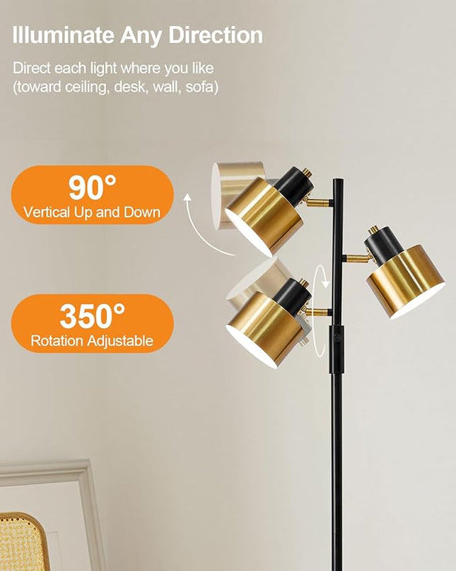 OYEARS Floor Lamp for Living Room Bright Lighting Tall Modern Industrial Vintage Standing Corner Lamps LED Metal Light Office Bedroom Study Gold Black White Matte Accent (3-Light, Gold) - LeafyLoom
