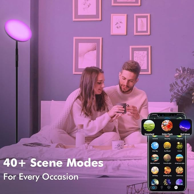 Smart RGB Floor Lamp 24W/2000LM Standing Bright Tall LED Sky Floor Lamp with Remote Dimmable Color Changing Modern Black Pole Touch Control Torchiere Stand Up Lamp Warm for Living Room Bed Room Office - LeafyLoom