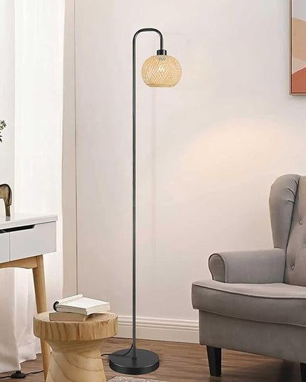 Boho Floor Lamp for Living Room, Industrial Standing Lamp with Handmade Rattan Natural Bamboo Lantern Mini Shade, Tall Pole Light with E26 Socket for Bedroom, Farmhouse,Black(NO Bulb) - LeafyLoom