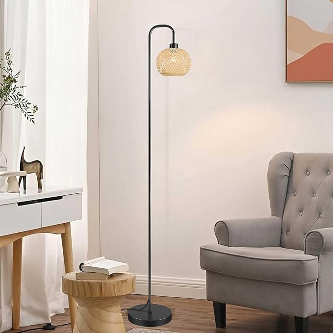Boho Floor Lamp for Living Room, Industrial Standing Lamp with Handmade Rattan Natural Bamboo Lantern Mini Shade, Tall Pole Light with E26 Socket for Bedroom, Farmhouse,Black(NO Bulb) - LeafyLoom