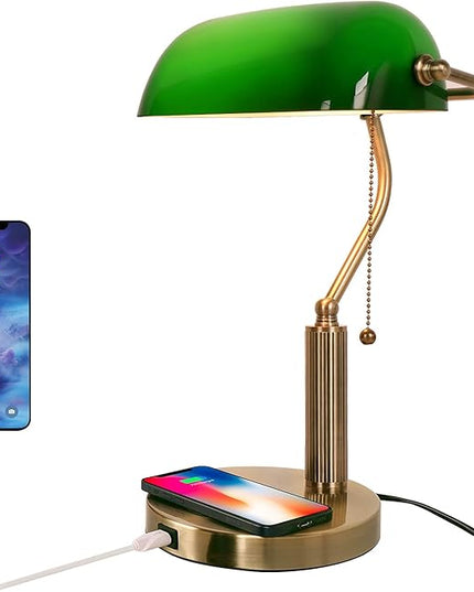 FIRVRE Glass Bankers Desk Lamp USB Wireless Charging Port LED Desk Lamp Classic Retro Pull Chain Switch Table lamp Reading Modern for Home Office nightstand Bedside Study Desk Library (Green) - LeafyLoom