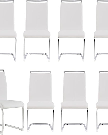 Dining Chairs Set, Kitchen Modern Metal Chairs with Faux Leather Padded Seat High Back and Sturdy Chrome Legs, Chairs for Dining Room (White, Set of 8) - LeafyLoom