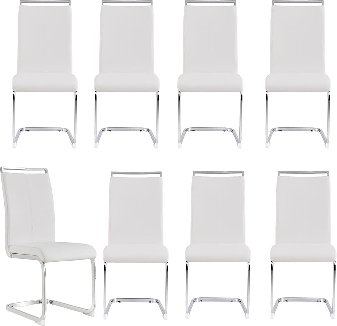 Dining Chairs Set, Kitchen Modern Metal Chairs with Faux Leather Padded Seat High Back and Sturdy Chrome Legs, Chairs for Dining Room (White, Set of 8) - LeafyLoom