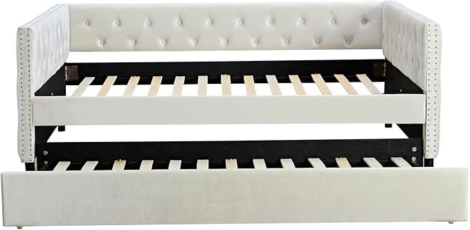 Full Size Velvet Upholstered Daybed with Trundle, Solid Wood Bed w/Button Tufted Backrest, for Living Room, Bedroom, Dorm, No Box Spring Needed, Space-Saving Design - LeafyLoom