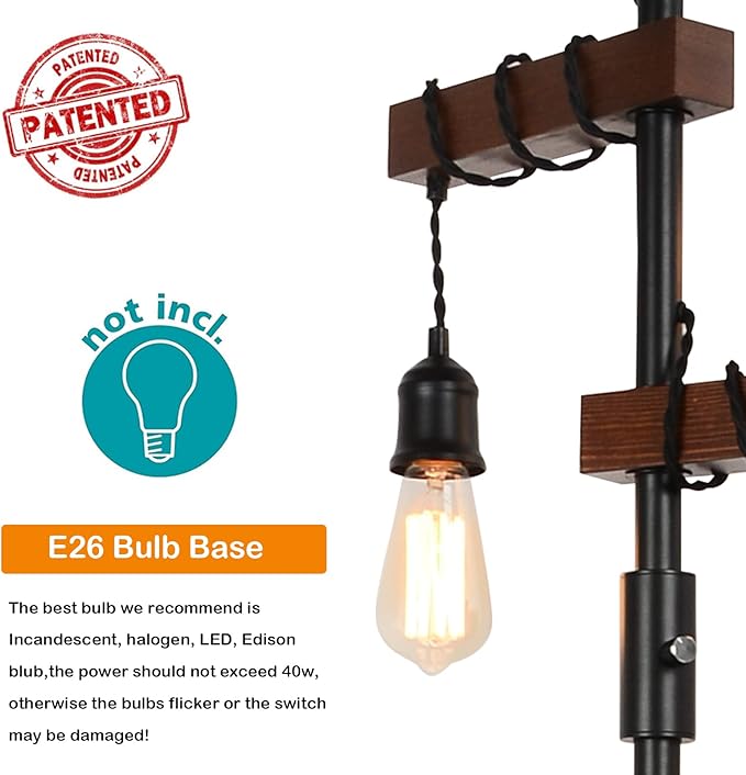 Airposta Industrial Floor Lamp, Farmhouse Tree 68 Inch 3 Lights Wood Standing Lamp, Sturdy Base Tall Vintage Metal Black Pole Light for Living Room Bedroom Office Rustic Home - LeafyLoom