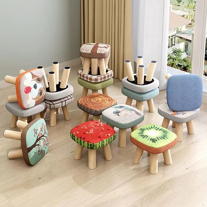 2Pcs Solid Wood Stool Home Square Low Stool Cute Children's Sofa Stool Chair Fashion Cartoon Creative Small Stool for Kids and Adult, Changing Stool Coffee Stool, Bear 330lb (Tree Stump) - LeafyLoom