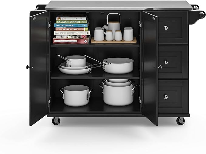 Homestyles Kitchen Cart with Stainless Steel Metal Top, Rolling Mobile Kitchen Island with Storage and Towel Rack, 54 Inch Width, Black - LeafyLoom
