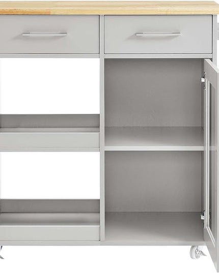 Modway Culinary Rolling Kitchen Cart with Storage in Light Gray Natural - 3 Tiers Kitchen Island on Wheels with Towel Bar, Functional as a Coffee Station, Bar Cabinet or Butcher Block Island - LeafyLoom