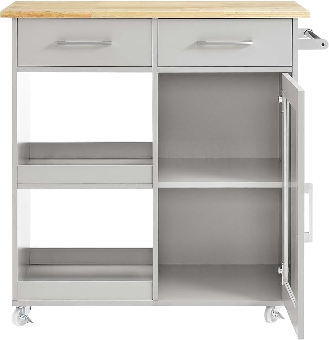 Modway Culinary Rolling Kitchen Cart with Storage in Light Gray Natural - 3 Tiers Kitchen Island on Wheels with Towel Bar, Functional as a Coffee Station, Bar Cabinet or Butcher Block Island - LeafyLoom