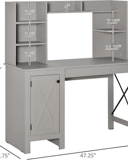 HOMCOM Farmhouse Computer Desk with Hutch and Cabinet, Home office Desk with Storage, for Study, Light Grey - LeafyLoom