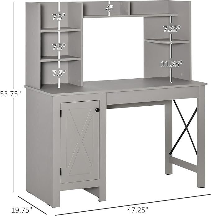 HOMCOM Farmhouse Computer Desk with Hutch and Cabinet, Home office Desk with Storage, for Study, Light Grey - LeafyLoom
