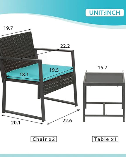 FDW 3 Piece Outdoor Bistro Set Patio Furniture Sets Wicker Patio Chairs Rattan Outdoor Furniture for Backyard Porch Poolside Lawn,Blue Cushion - LeafyLoom