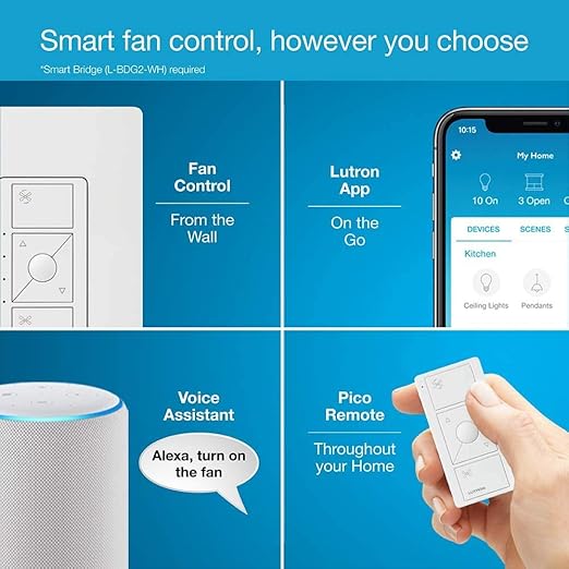 Lutron Caseta Smart Fan Speed Control Switch (Lutron Smart Hub Required), Single-Pole, PD-FSQN-WH, White Lutron