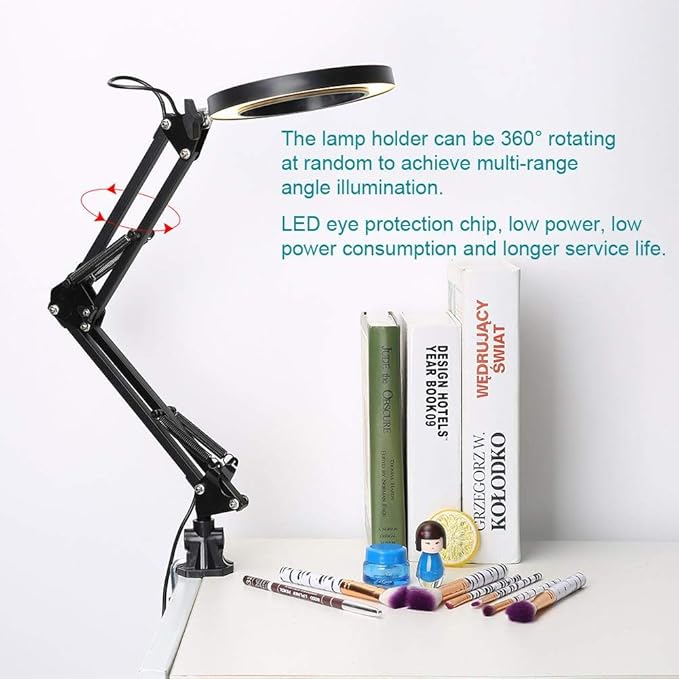 LED Magnifying Lamp with Clamp, 5X Magnifier Glass Light Lens, USB Dimmable Desk lamp for Table Craft or Workbench - LeafyLoom