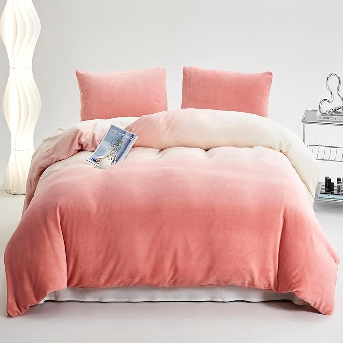 Pink White Gradient Comforter Set Twin Pink Velvet Bedding Comforter Modern Plain White and Pink Gradient Soft Quilt Farmhouse Flannel Comforter Girls Women Warm Twin Bed Comforter - LeafyLoom