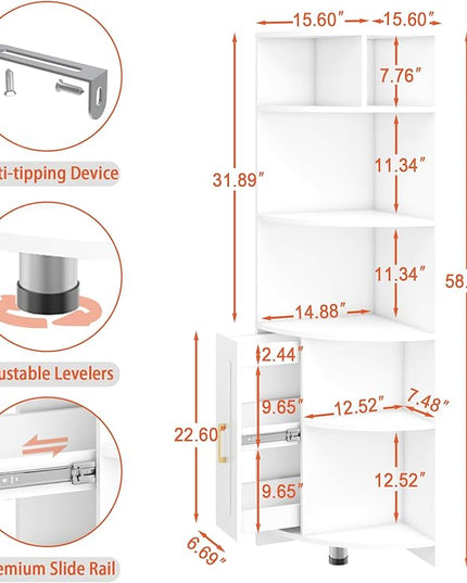 Corner Shelf 6-Tier Corner Bookcase with Drawer, Tall Corner Bookshelf Freestanding White Corner Cabinet Corner Shelves Stand for Wall Corner, Living Room, Home Office, Bedroom, Display Shelf - LeafyLoom