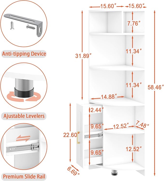 Corner Shelf 6-Tier Corner Bookcase with Drawer, Tall Corner Bookshelf Freestanding White Corner Cabinet Corner Shelves Stand for Wall Corner, Living Room, Home Office, Bedroom, Display Shelf - LeafyLoom