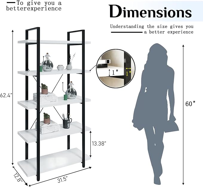 Tall Bookshelf with Large Storage,5 Tier Bookcase in Bedroom,Living Room and Office,Modern Wide Bookcase Shelf for Storing Books/Plants,White - LeafyLoom