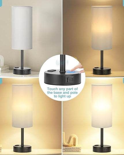 Grey Touch Bedside Lamp for Bedroom - 3 Way Dimmable Table Lamp USB C Charging Ports and AC Outlet, Small Desk Lamp for Living Room, Office, LED Bulb Included - LeafyLoom