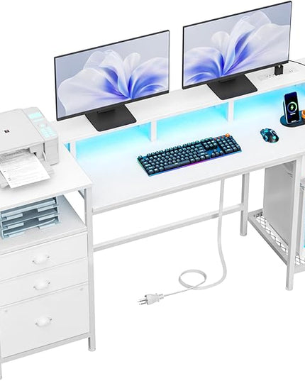 Furologee White Computer Desk with Drawers, 60" Office Long Desk with Fabric File Cabinet and Power Outlets, Gaming Desk with LED Lights, Study Writing Work Desk for Home Office, White - LeafyLoom