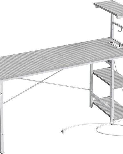 Bestier Gaming Desk with Power Outlets, 61 Inch Large Led Gamer Desk with 4 Tiers Reversible Shelves, PC Gaming Table with Headset Hook & Side Storage Bag for Bedroom (Grey 3D Carbon Fiber) - LeafyLoom