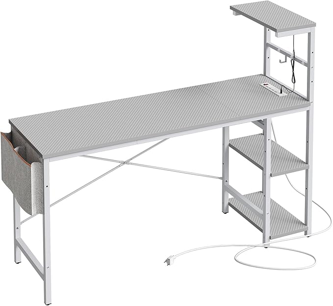 Bestier Gaming Desk with Power Outlets, 61 Inch Large Led Gamer Desk with 4 Tiers Reversible Shelves, PC Gaming Table with Headset Hook & Side Storage Bag for Bedroom (Grey 3D Carbon Fiber) - LeafyLoom