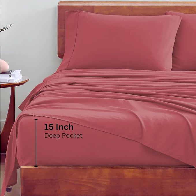 LANE LINEN 100% Organic Cotton Twin Bed Sheet Set, 3 Pc Twin Size Sheets Set, Soft & Breathable Twin Sheet Set Boys, Hotel Style Bedding Sheets & Pillowcases, 15" Deep Twin Fitted Sheet - Mineral Red - LeafyLoom