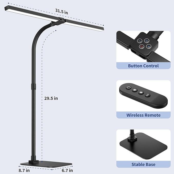 Desk Lamp Architect Task Dual Head Modern Flexible Gooseneck Tall Dimmable Light for Home Office, 5 Color Modes,Remote Control, 1500lm 24W Extra Bright Lighting - LeafyLoom