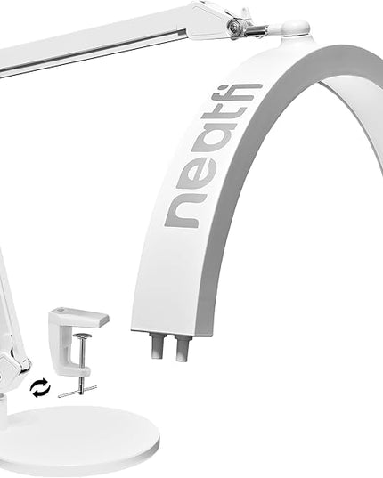 Neatfi Half Moon Swing Arm Table Lamp, 2500 Lumens, CCT Dimming, 5 Light Modes, Professional LED Lighting for Estheticians, Ideal for Nail Art, Facials, and Tattoos (with Base and Clamp, White) - LeafyLoom